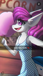 Size: 524x931 | Tagged: safe, alternate version, artist:obscuredragone, oc, oc only, oc:bleu, original species, shark, shark pony, anthro, amusement park, apple, breasts, caption, clothes, cotton candy, couple, date, dots, dress, female, food, happy, high heels, holding hands, night, pink hair, shark tail, shark teeth, shoes, small breasts, snapchat, snaphorse, solo, text, walking