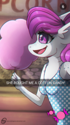 Size: 524x931 | Tagged: safe, artist:obscuredragone, oc, oc only, oc:bleu, original species, shark, shark pony, anthro, amusement park, apple, breasts, caption, clothes, cotton candy, couple, date, dress, female, food, happy, high heels, shark tail, shark teeth, shoes, small breasts, snapchat, snaphorse, solo, text, walking