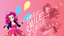 Size: 1600x900 | Tagged: safe, artist:nicolasnsane, edit, pinkie pie, human, g4, cutie mark background, female, humanized, pink background, simple background, smile smile smile, solo, vector, wallpaper, wallpaper edit