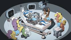 Size: 1192x670 | Tagged: safe, artist:mysticalpha, oc, oc:cloud zapper, earth pony, pegasus, pony, unicorn, bed, butt, doctor, female, hospital bed, male, mare, nurse, nurse outfit, operation, plot, stallion