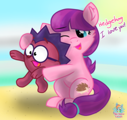 Size: 1087x1032 | Tagged: safe, artist:rainbow eevee, lily longsocks, hedgehog, pony, g4, beach, chiko, chikoriki, cutie mark, female, filly, glasses, male, smeshariki, wat