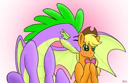 Size: 1109x721 | Tagged: safe, artist:bella-pink-savage, applejack, spike, dragon, earth pony, pony, g4, cheek kiss, cute, female, heart, hearts and hooves day, holiday, jackabetes, kissing, male, mare, older, older spike, present, ship:applespike, shipping, spikabetes, straight, valentine's day, winged spike, wings