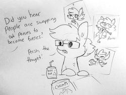 Size: 1761x1336 | Tagged: safe, artist:tjpones, oc, oc:tjpones, diamond dog, dragon, earth pony, pony, anthro, digitigrade anthro, anthro with ponies, awoo, bendy straw, chips, dialogue, drinking straw, food, glasses, male, offscreen character, poster, sitting, soda, soda can, stallion, straw, winnie the werewolf