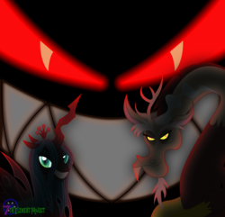 Size: 3602x3476 | Tagged: safe, artist:ponychaos13, discord, queen chrysalis, changeling, changeling queen, draconequus, g4, duo, female, glowing eyes, grin, high res, male, smiling