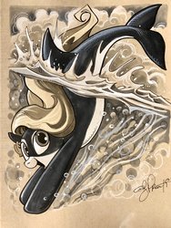 Size: 1536x2048 | Tagged: safe, artist:andypriceart, oc, oc only, oc:marina (efnw), merpony, orca, orca pony, original species, bubble, cloud, commission, everfree northwest, monochrome, open mouth, signature, smiling, solo, traditional art, underwater, water, watercolor painting