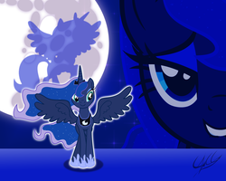 Size: 1280x1024 | Tagged: safe, artist:ponychaos13, princess luna, alicorn, pony, g4, ethereal mane, female, full moon, grin, hoof shoes, mare, mare in the moon, moon, smiling, spread wings, starry mane, vector, wallpaper, wings