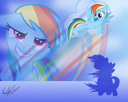Size: 1280x1024 | Tagged: safe, artist:ponychaos13, rainbow dash, pegasus, pony, g4, cutie mark, female, flying, grin, mare, smiling, wallpaper, zoom layer