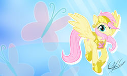 Size: 1000x600 | Tagged: safe, artist:equestria-prevails, artist:ponychaos13, edit, fluttershy, g4, armor, cute, element of kindness, hoof shoes, shyabetes, vector, wallpaper, wallpaper edit