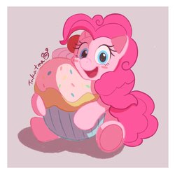 Size: 2048x2048 | Tagged: safe, artist:gamorangetana, artist:takatmadisney, pinkie pie, earth pony, pony, g4, blush sticker, blushing, cupcake, cute, diapinkes, digital art, female, food, happy, high res, hug, looking at you, mare, open mouth, simple background, sitting, solo, tail