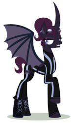 Size: 1161x1876 | Tagged: safe, artist:elementbases, artist:rukemon, oc, oc only, oc:nightfall (ice1517), alicorn, bat pony, bat pony alicorn, pony, alicorn oc, base used, bat pony oc, belt, bodysuit, boots, clothes, commission, curved horn, ear piercing, earring, eye scar, female, gloves, goggles, horn, jewelry, mare, piercing, raised hoof, scar, shoes, solo, utility belt