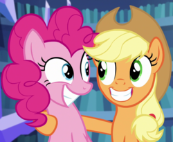 Size: 1160x950 | Tagged: safe, screencap, applejack, pinkie pie, earth pony, pony, g4, scare master, cropped, duo, female, grin, looking at each other, mare, smiling
