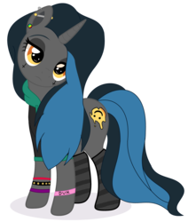 Size: 3249x3825 | Tagged: safe, artist:makotomt, artist:rukemon, oc, oc only, oc:tough cookie (ice1517), pony, unicorn, base used, clothes, commission, ear piercing, earring, eyeshadow, female, head tilt, high res, hoodie, jewelry, makeup, mare, piercing, simple background, socks, solo, striped socks, transparent background, wristband