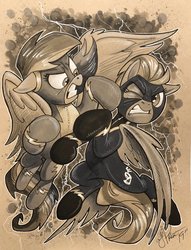 Size: 1566x2048 | Tagged: safe, artist:andy price, lightning dust, rainbow dash, pegasus, pony, g4, angry, clothes, costume, desaturated, fight, gritted teeth, lightning, monochrome, shadowbolts, shadowbolts costume, slapping, traditional art, uniform, wonderbolts uniform