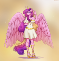 Size: 1255x1300 | Tagged: safe, artist:margony, princess cadance, alicorn, anthro, plantigrade anthro, g4, breasts, busty princess cadance, clothes, digital art, ear fluff, feet, female, floppy ears, gold, high heels, large wings, lidded eyes, looking at you, mare, nail polish, open-toed shoes, platform heels, sandals, shoes, signature, simple background, smiling, solo, sparkles, spread wings, toenail polish, toenails, toes, toga, wing fluff, wings, yellow background