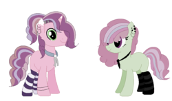 Size: 809x477 | Tagged: safe, artist:chaoscy, artist:selenaede, oc, oc:alkali feldspar, oc:rutile, earth pony, pony, unicorn, icey-verse, base used, blank flank, bracelet, brother and sister, clothes, female, half-siblings, jewelry, magical lesbian spawn, male, mare, markings, multicolored hair, necktie, offspring, parent:cheerilee, parent:marble pie, parent:sugar belle, parents:marbelle, parents:sugarlee, siblings, simple background, socks, stallion, striped socks, transparent background, wristband