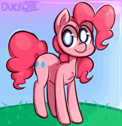 Size: 860x890 | Tagged: safe, artist:duckoiii, pinkie pie, pony, g4, animated, chest fluff, cute, diapinkes, ear fluff, female, gif, looking at you, shake, solo, tail wag, white pupils