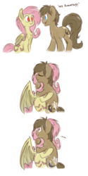 Size: 2000x4000 | Tagged: safe, artist:fluffyxai, fluttershy, oc, oc:spirit wind, bat pony, pony, vampire bat pony, tumblr:ask spirit wind, g4, bat ponified, duo, duo male and female, female, flutterbat, hug, male, mare, neck biting, race swap, red eyes, shocked, smiling, speech, stallion, surprised, talking, text