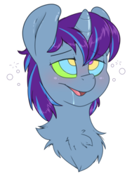 Size: 1500x2000 | Tagged: safe, artist:fluffyxai, oc, oc:moody mercury, pony, unicorn, blushing, chest fluff, drool, fluffy, hypnosis, hypnotized, kaa eyes, male, shiny horn, smiling, stallion