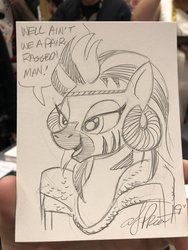 Size: 1536x2048 | Tagged: safe, artist:andypriceart, idw, zecora, pony, zebra, g4, spoiler:comic, aunty entity, black and white, female, grayscale, mad max, mad max beyond thunderdome, mare, monochrome, solo, tina turner, traditional art