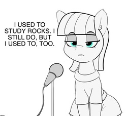 Size: 1500x1376 | Tagged: safe, artist:pabbley, edit, maud pie, earth pony, pony, g4, deadpan, dialogue, female, joke, mare, maud the comedian, microphone, mitch hedberg, monochrome, partial color, simple background, solo, stand-up comedy, text, white background
