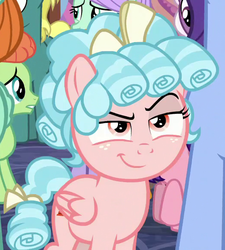 Size: 524x582 | Tagged: safe, screencap, cozy glow, pegasus, pony, g4, school raze, bow, cozy glow is best facemaker, cropped, curly hair, female, filly, folded wings, freckles, hair bow, pure concentrated unfiltered evil of the utmost potency, pure unfiltered evil, raised eyebrow, smiling, smirk, smug, smugzy clow, solo focus, tail bow, wings