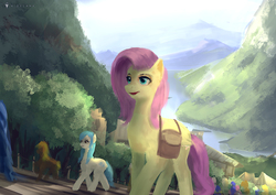 Size: 3508x2480 | Tagged: safe, artist:aidelank, fluttershy, oc, earth pony, pegasus, pony, g4, crowd, female, folded wings, high res, lake, mare, mountain, open mouth, outdoors, saddle bag, village, wings