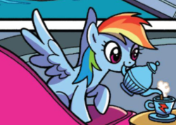 Size: 262x186 | Tagged: safe, artist:brendahickey, rainbow dash, pegasus, pony, g4, idw, spoiler:comic, spoiler:comicspiritoftheforest02, cropped, cup, cute, dashabetes, female, food, mare, mouth hold, solo, spread wings, tea, teacup, teapot, wings
