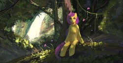 Size: 5114x2646 | Tagged: safe, artist:aidelank, fluttershy, butterfly, pegasus, semi-anthro, g4, arm hooves, bush, female, flower, forest, grass, log, mare, moss, scenery, sitting, tree, vine