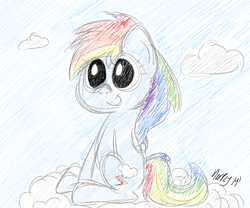Size: 1200x1000 | Tagged: safe, artist:merpzy, rainbow dash, pegasus, pony, g4, cloud, sitting, sketch