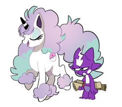 Size: 900x789 | Tagged: safe, artist:sburbox, rarity, spike, galarian ponyta, pony, ponyta, toxel, unicorn, g4, eyes closed, eyeshadow, female, frown, glare, makeup, mare, open mouth, parody, pokefied, pokemon sword and shield, pokémon, ponified, raised hoof, raised leg, scroll, simple background, smiling, spike is not amused, spoiler in the source, spoilers for another series, unamused, unshorn fetlocks, white background