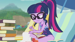 Size: 1920x1080 | Tagged: safe, screencap, sci-twi, twilight sparkle, equestria girls, equestria girls series, friendship math, g4, adding machine, beach chair, book, chair, clothes, cute, female, geode of telekinesis, glasses, legs, magical geodes, paper, pencil, ponytail, sci-twi swimsuit, sleeveless, solo, swimsuit, thighs, twiabetes, umbrella