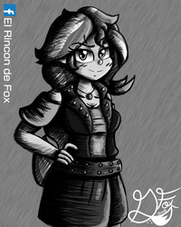 Size: 1000x1250 | Tagged: safe, artist:thedamneddarklyfox, sunset shimmer, human, equestria girls, g4, clothes, female, hand on hip, jacket, leather jacket, looking at you, miniskirt, monochrome, simple background, skirt, smiling, solo