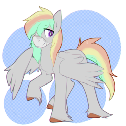 Size: 1166x1163 | Tagged: safe, artist:pomrawr, oc, oc only, pegasus, pony, abstract background, hoof fluff, male, multicolored hair, pegasus oc, rainbow hair, raised hoof, solo, stallion, wings