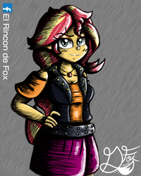 Size: 1000x1250 | Tagged: safe, artist:thedamneddarklyfox, sunset shimmer, human, equestria girls, g4, belt, clothes, female, hand on hip, jacket, jewelry, leather jacket, looking at you, miniskirt, simple background, skirt, smiling, smiling at you, solo