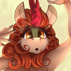 Size: 400x400 | Tagged: safe, artist:sugarlesspaints, autumn blaze, kirin, anthro, g4, :o, armpits, bust, cheek fluff, cropped, female, nail polish, open mouth, portrait, solo