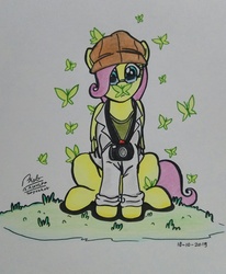 Size: 2368x2877 | Tagged: safe, artist:boyoxhot, fluttershy, butterfly, pegasus, pony, g4, bioluminescent, camera, cap, clothes, crossover, dr. kondraki, female, flying, glasses, grass, hat, high res, lab coat, mare, pink mane, pink tail, scp, scp foundation, scp-408, sitting, solo, traditional art, turquoise eyes, yellow fur