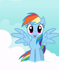 Size: 371x450 | Tagged: safe, artist:tridashie, rainbow dash, pegasus, pony, derpibooru, pony girl, g4, animated, bobbing, cloud, cropped, cute, dancing, dashabetes, female, gif, i can't believe it's not hasbro studios, juxtaposition, looking at you, mare, meta, metronome, perfect loop, show accurate, singing, solo, spread wings, sway, wings