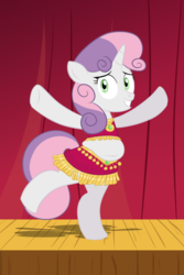Size: 800x1200 | Tagged: safe, artist:scobionicle99, sweetie belle, pony, unicorn, g4, belly dancer, bipedal, chubbie belle, chubby, fat, female, nervous, solo, standing, standing on one leg, sweetie belly