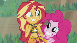 Size: 1920x1080 | Tagged: safe, screencap, pinkie pie, sunset shimmer, equestria girls, g4, my little pony equestria girls: better together, unsolved selfie mysteries, belly button, bikini, clothes, cute, diapinkes, duo, duo female, female, geode of empathy, geode of sugar bombs, grin, magical geodes, midriff, ponk, sarong, shimmerbetes, sleeveless, smiling, swimsuit