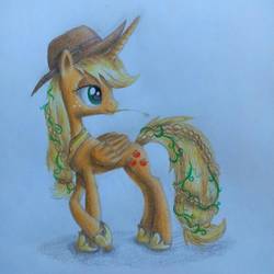Size: 1224x1224 | Tagged: safe, artist:poulped, applejack, alicorn, pony, g4, alicornified, applecorn, crossed hooves, cutie mark, female, jewelry, lidded eyes, mare, race swap, regalia, simple background, solo, straw in mouth, traditional art, turned head, vine
