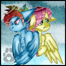 Size: 2500x2500 | Tagged: safe, artist:karsithedog, fluttershy, rainbow dash, pegasus, pony, g4, abstract background, butterscotch, chest fluff, cloven hooves, duo, floppy ears, frown, high res, male, rainbow blitz, rule 63, stallion