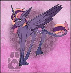 Size: 2338x2404 | Tagged: safe, artist:karsithedog, part of a set, twilight sparkle, alicorn, pony, g4, abstract background, chest fluff, cloven hooves, coat markings, cutie mark, dappled, female, glasses, high res, horn, horn jewelry, jewelry, leonine tail, mare, redesign, solo, spread wings, twilight sparkle (alicorn), unshorn fetlocks, wings