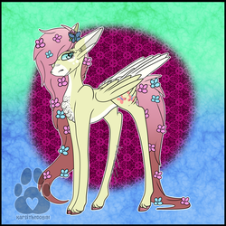 Size: 2500x2500 | Tagged: safe, artist:karsithedog, part of a set, fluttershy, pegasus, pony, g4, abstract background, chest fluff, cloven hooves, coat markings, cutie mark, female, floppy ears, flower, flower in hair, hair over one eye, high res, looking at you, mare, redesign, smiling, solo, tail feathers
