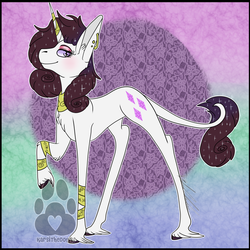 Size: 2500x2500 | Tagged: safe, artist:karsithedog, part of a set, rarity, classical unicorn, pony, unicorn, g4, abstract background, bracelet, chest fluff, cloven hooves, cutie mark, ear piercing, earring, ethereal mane, eyeshadow, female, high res, horn, jewelry, leonine tail, lidded eyes, looking at you, makeup, mare, peytral, piercing, raised hoof, redesign, smiling, solo, starry mane, unshorn fetlocks