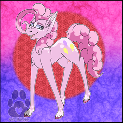 Size: 2500x2500 | Tagged: safe, artist:karsithedog, part of a set, pinkie pie, earth pony, pony, g4, abstract background, chest fluff, cloven hooves, coat markings, cutie mark, female, high res, lidded eyes, looking at you, mare, redesign, solo