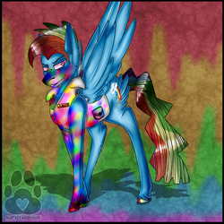 Size: 2500x2500 | Tagged: safe, artist:karsithedog, part of a set, rainbow dash, pegasus, pony, fanfic:rainbow factory, g4, abstract background, clothes, high res, lab coat, looking at you, male, narrowed eyes, rainbow blitz, rainbow factory dash, rule 63, solo, spectra, stallion, tail feathers