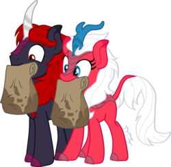 Size: 1418x1388 | Tagged: safe, artist:shadymeadow, oc, oc only, oc:snowy rose, oc:vampire eclipse, kirin, female, happy, male, mouth hold, nom, paper bag, simple background, smiling, stain, transparent background, wide eyes