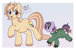 Size: 890x582 | Tagged: safe, artist:lulubell, oc, oc only, oc:lulubell, oc:warm wishes, pony, unicorn, aunt and nephew, chase, clothes, colt, costume, dragon costume, duo, female, freckles, male, mare, playing, unshorn fetlocks