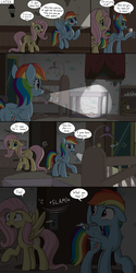 Size: 2000x4000 | Tagged: safe, artist:skitter, fluttershy, rainbow dash, pegasus, pony, comic:secret of the haunted nursery, g4, abandoned, butt, comic, crib, dialogue, door slam, flashlight (object), floppy ears, haunted house, high res, mobile, mouth hold, nursery, onomatopoeia, playpen, plot, raised hoof, sound effects, speech bubble, spread wings, startled, this will end in diapers, wings