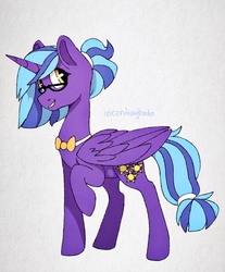Size: 1527x1843 | Tagged: safe, artist:incendiarymoth, oc, oc only, oc:princess evening light, alicorn, pony, bowtie, glasses, looking at you, magical lesbian spawn, offspring, parent:princess luna, parent:twilight sparkle, parents:twiluna, raised hoof, simple background, smiling, solo, tail wrap, white background